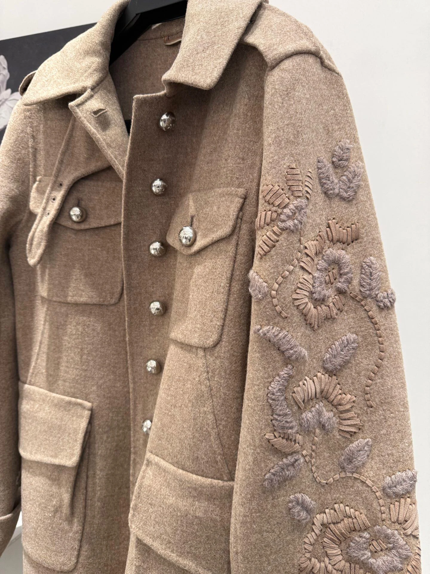 ⁠Designer Brown Tweed Wool Jacket Women Heavy Work Embroidery Safari Pocket Coat Elegant Runway Winter Outerwear Top⁠