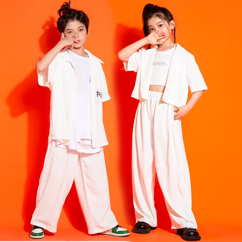 Kids Kpop Hip Hop Clothing White Short Blazer Tank Jacket Streetwear Sweat Pants For Girl Boy Jazz Dance Costume Show Clothes