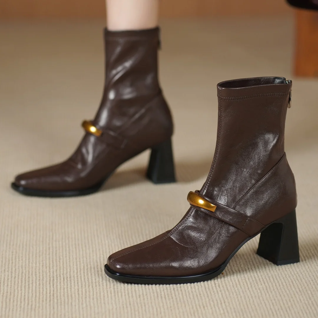 المرأة جلد الغنم كبيرة بو الجلود المرقعة مشبك معدني ساحة تو الظهر البريدي الخريف حذاء من الجلد 7 سنتيمتر سميكة عالية الكعب أحذية قصيرة #2