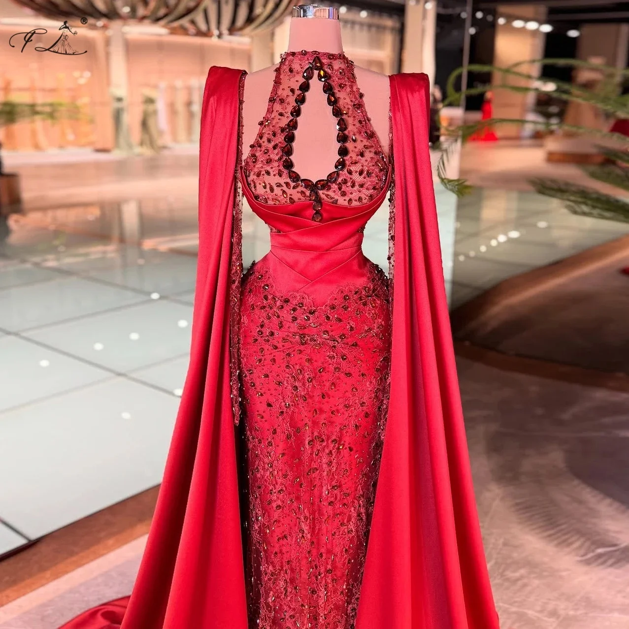 Luxurious sensual red sheer crystal evening dress mermaid dress shoulder cape train vintage party gown special occasion