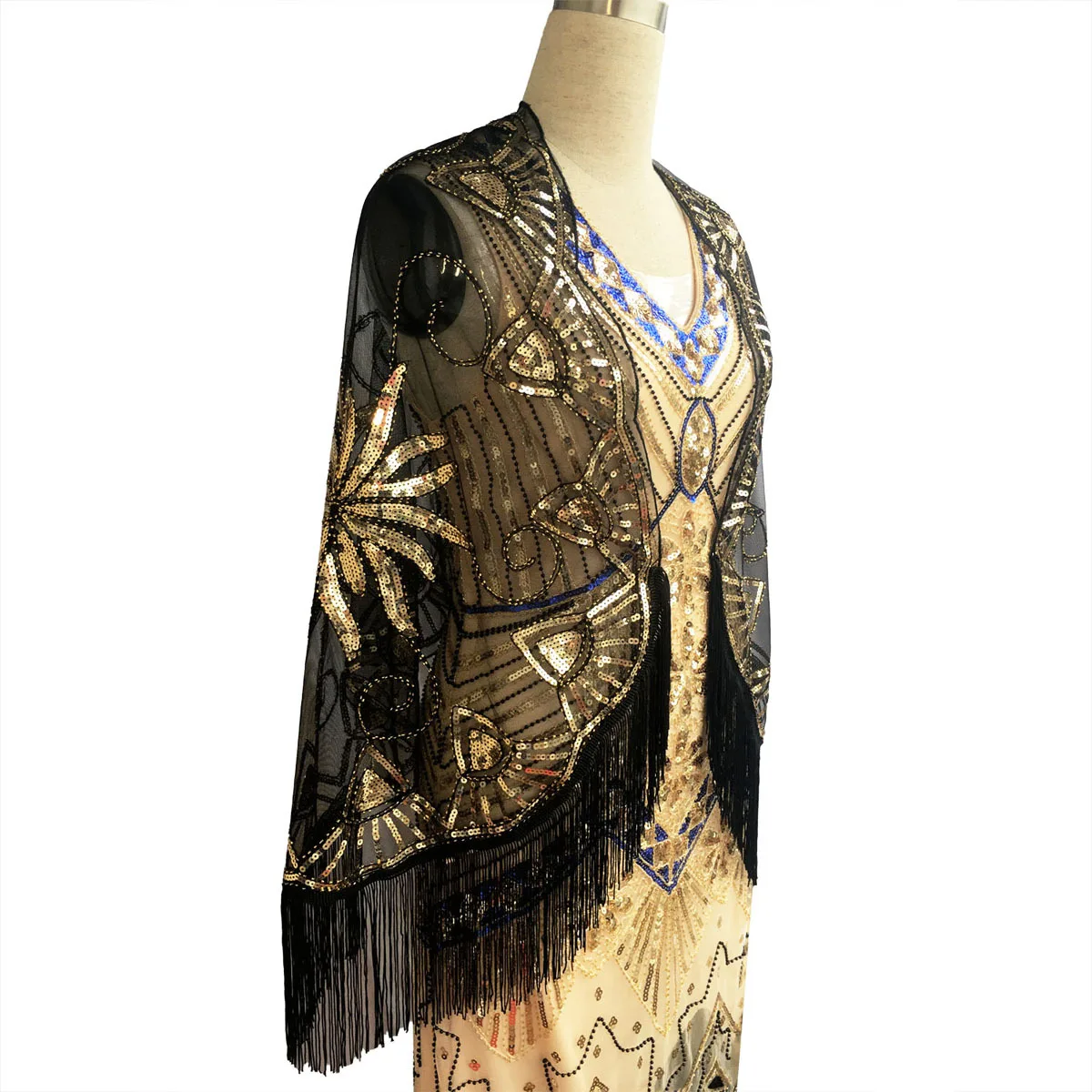 Vestido retrô de lantejoulas, Gatsby grande, coquetel, vestido de fila de casamento, xale, lenço, década de 1920, envoltório novo