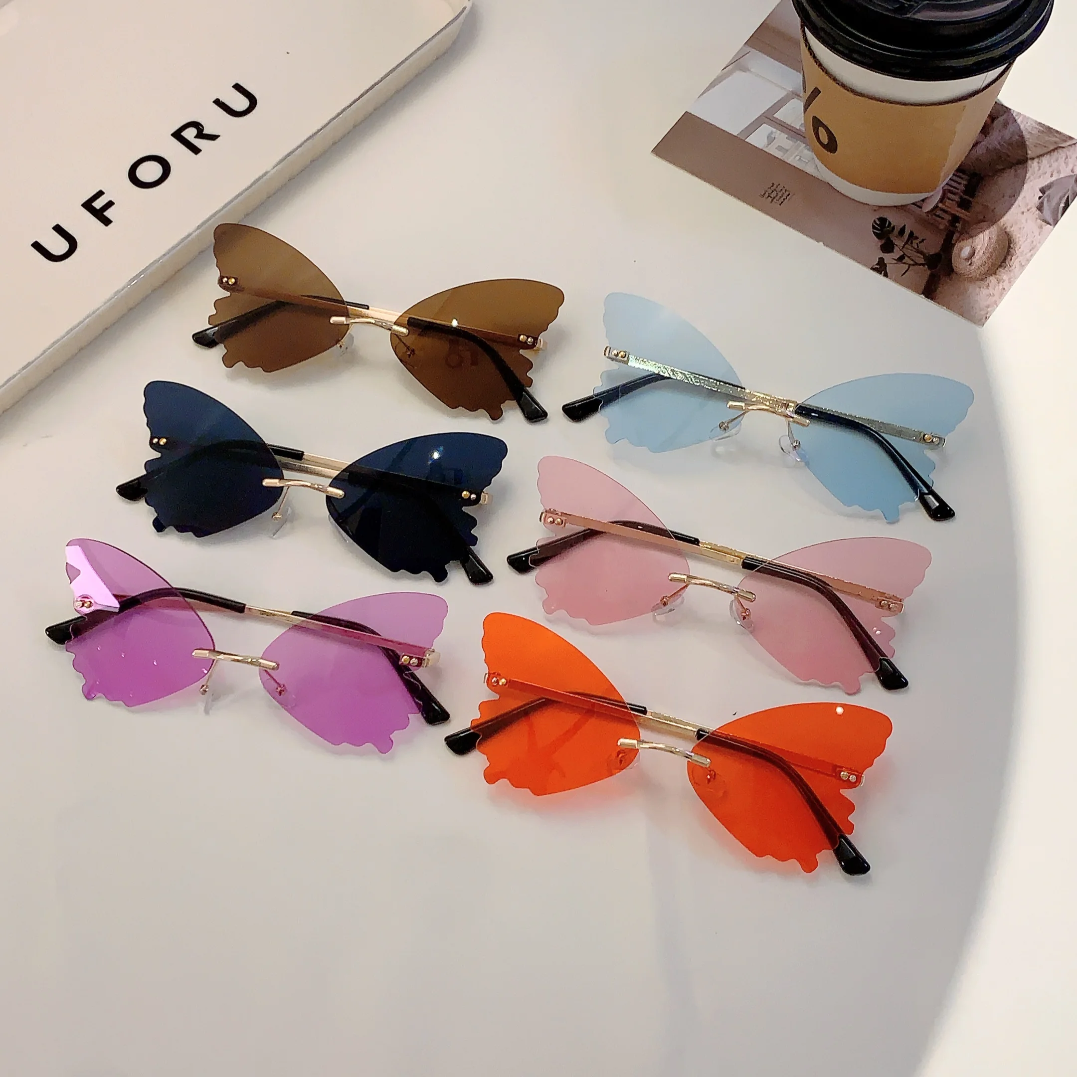 KAMMPT Rimless Butterfly Shaped Sunglasses Women Fashion Ocean Lenses Party Shades Ins Trendy Luxury Brand Design Sun Glasses