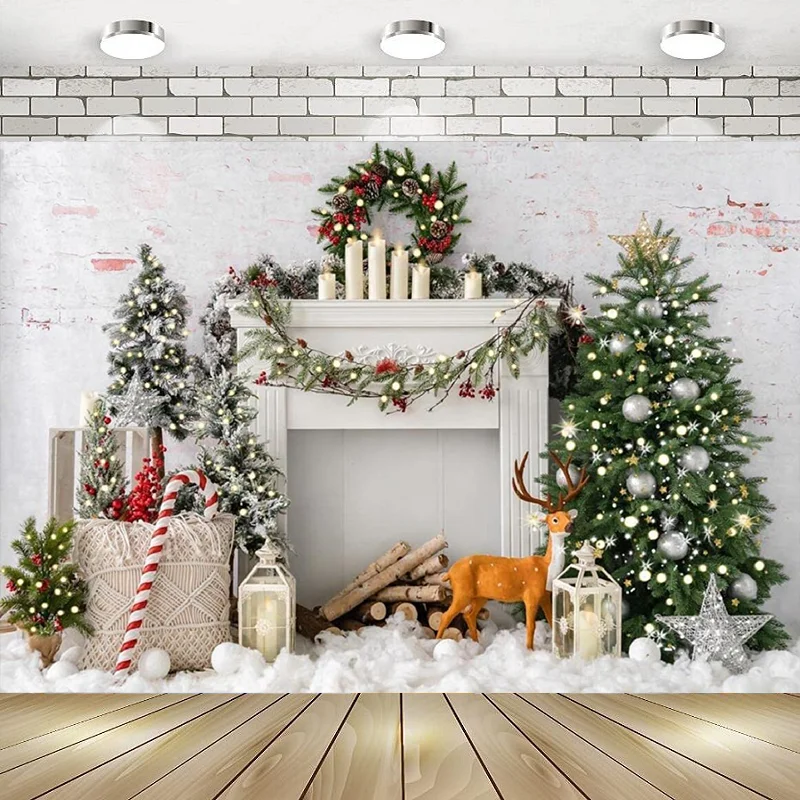 

Christmas Tree Photo Background White Fireplace Brick Wall Xmas Photography Holiday Party Supplies Cake Table Banner Decoration