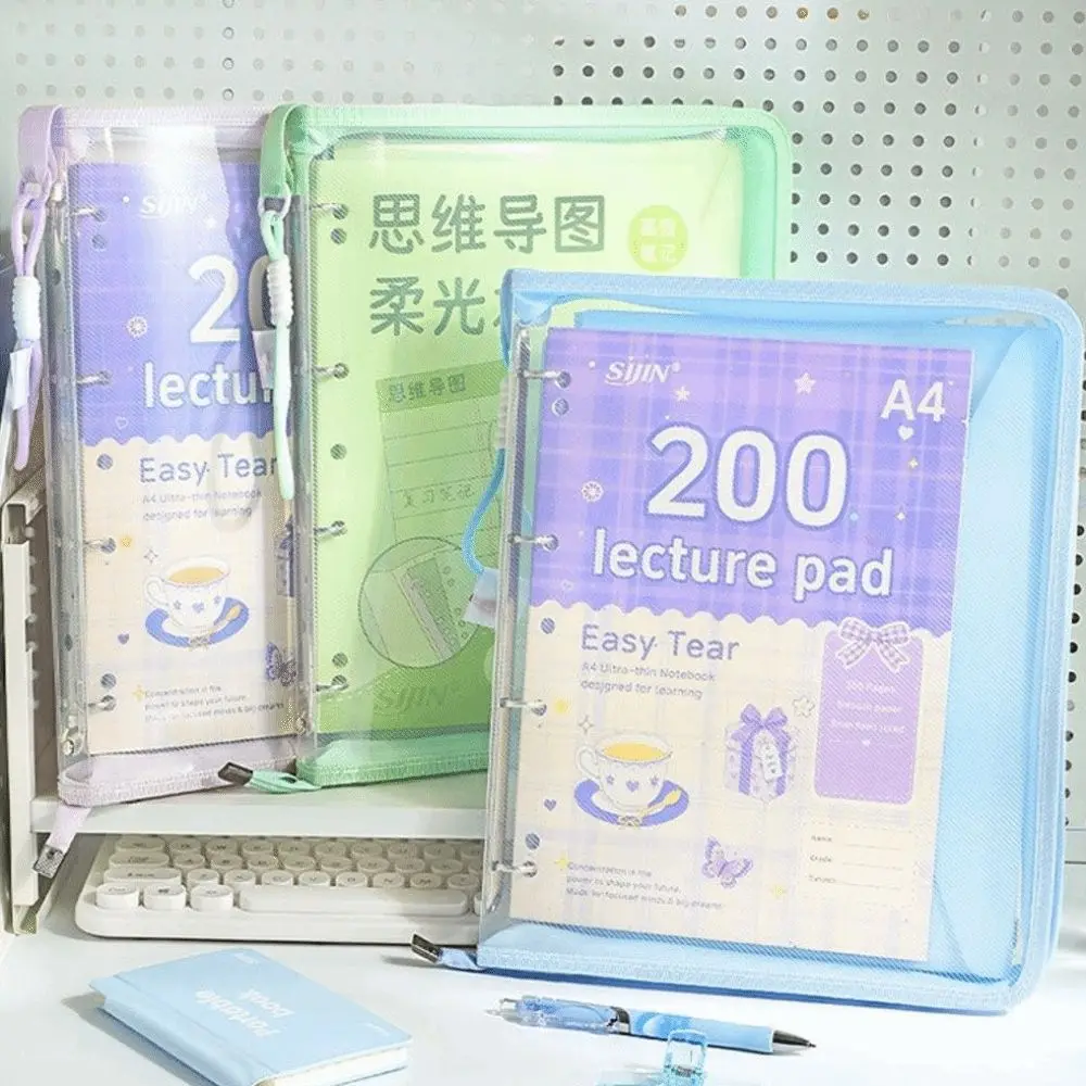 Durable 4-Hole Loose-leaf A4 Binder Folder, with Handle Zipper File Bag Transparent File Folder Students