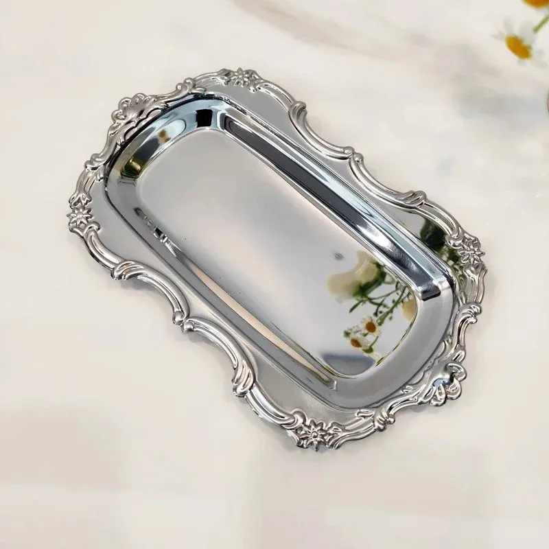 Vintage Embossed Stainless Steel Tray Serving Platter for Desserts Jewelry Storage Organizer Snack Plate For Dining Table Decor