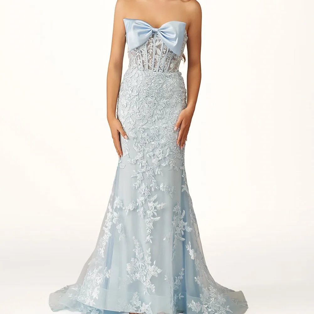 

Customized Mermaid Prom Dresses Floor-Length Strapless Sleeveless Evening Gown Fashion Backless Lace-Up Simple Draped Party Gown