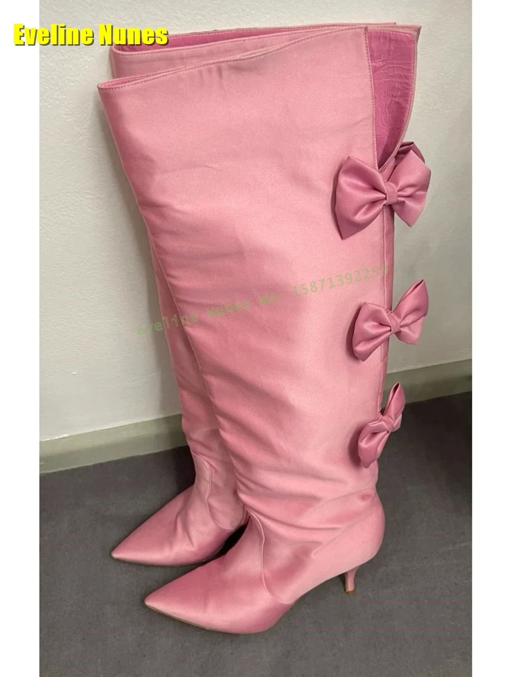 Pink Bowknot Satin Knee High Boots Pointed Toe Thin Heels V-Cut Pull On Female Runway Show Fashion Booties 2025 New Style Trend