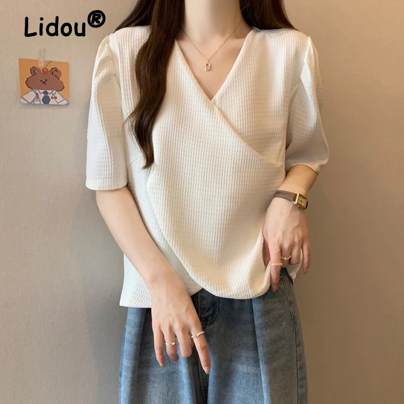 

Women's Clothing Korean Style Chic Sweet Kawaii Asymmetrical Design T Shirt Summer Short Sleeve Solid Loose Y2K Streetwear Tops
