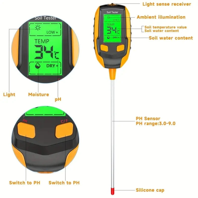 4 in 1 Soil Moisture Meter Digital Plant Temperature Soil Moisture PH Meter Sunlight Intensity Environment Humidity