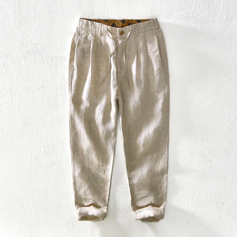 Men's Summer Linen Casual Pants, Elastic Waist Drawstring Loose Fit Solid Color Linen Trousers