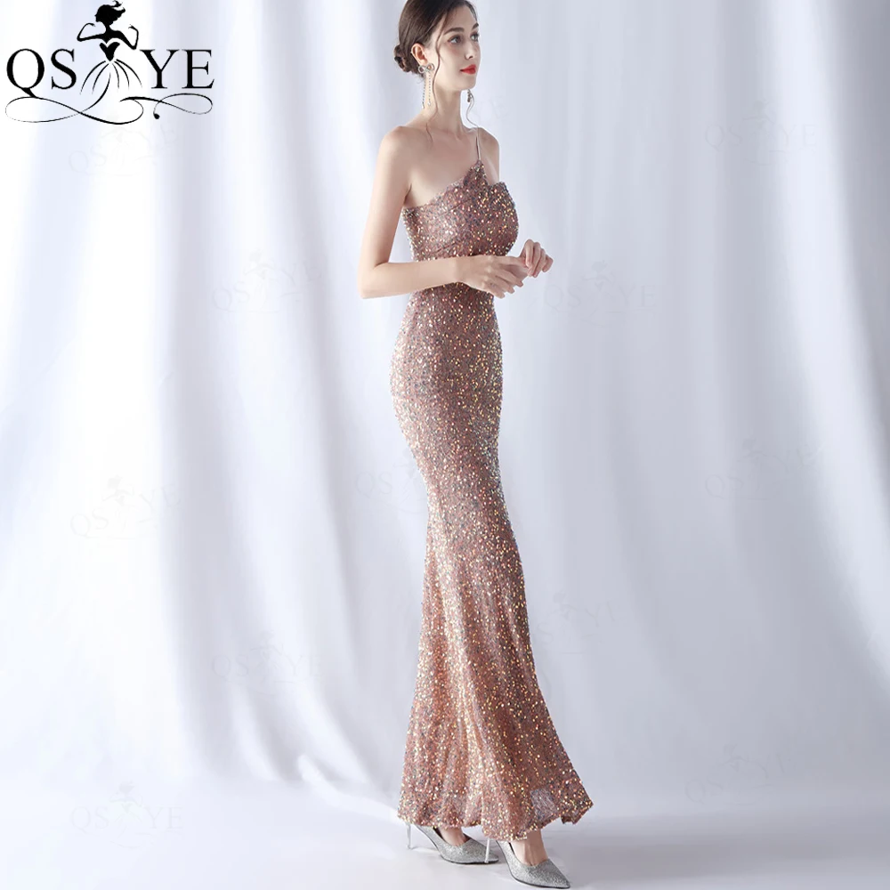 One Shoulder Brown Evening Dresses Slit Glitter Sequin Gold Prom Gown Long Fitted Shoulder Strap Party Formal Dress for Women