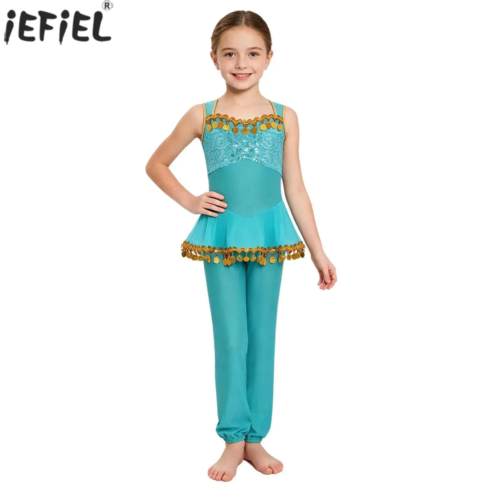 Kids Girls Arabian Princess Costume Shiny Sequin Gold Trim Tassel Mesh Peplum Jumpsuit Halloween Indian Belly Dance Bodysuit