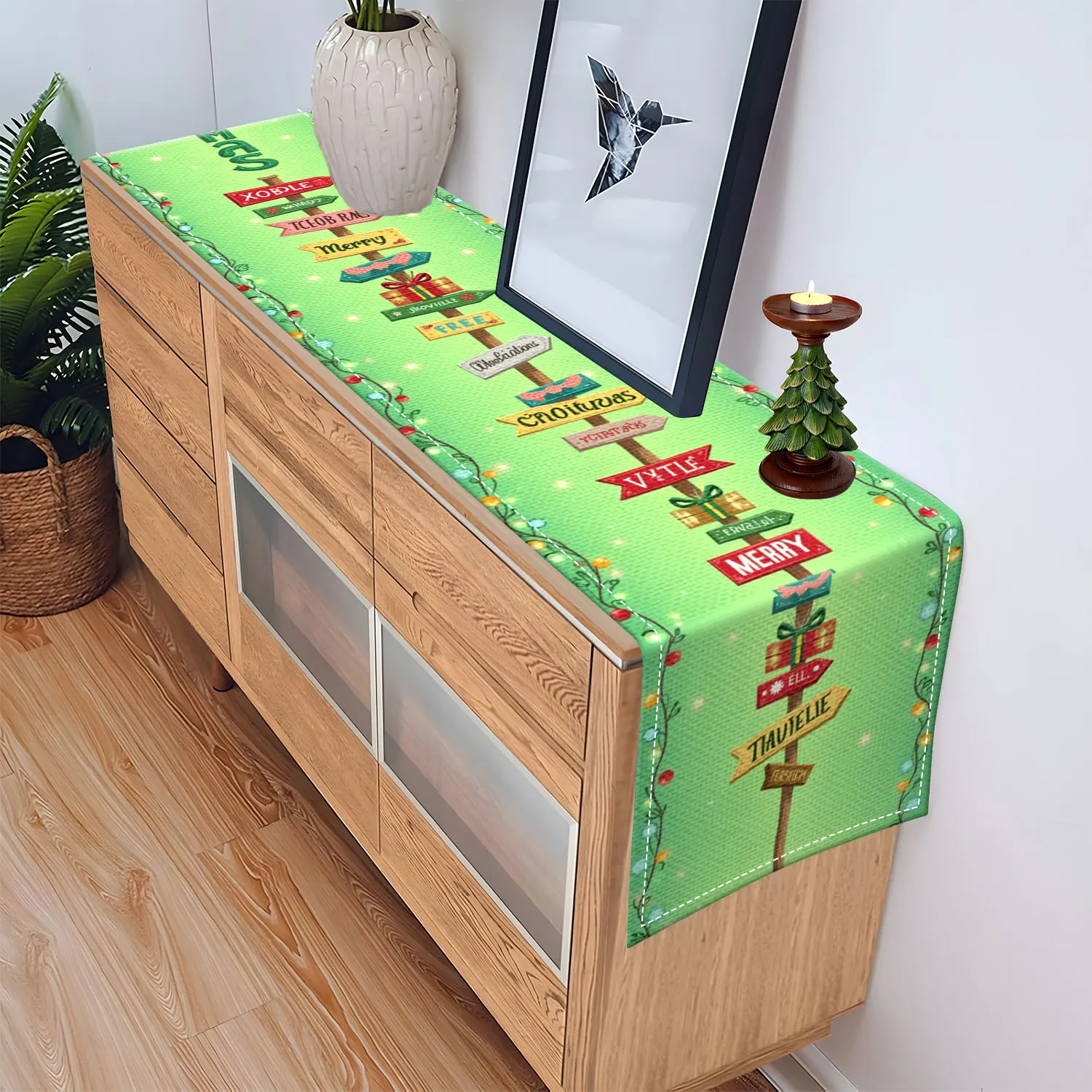 قطعة واحدة من مفرش طاولة بطابع عيد الميلاد، تتميز بعلامات ملونة وعناصر ضوئية، مناسبة لحفلات عيد الميلاد ومشاهد تزيين المنزل الاحتفالي #5