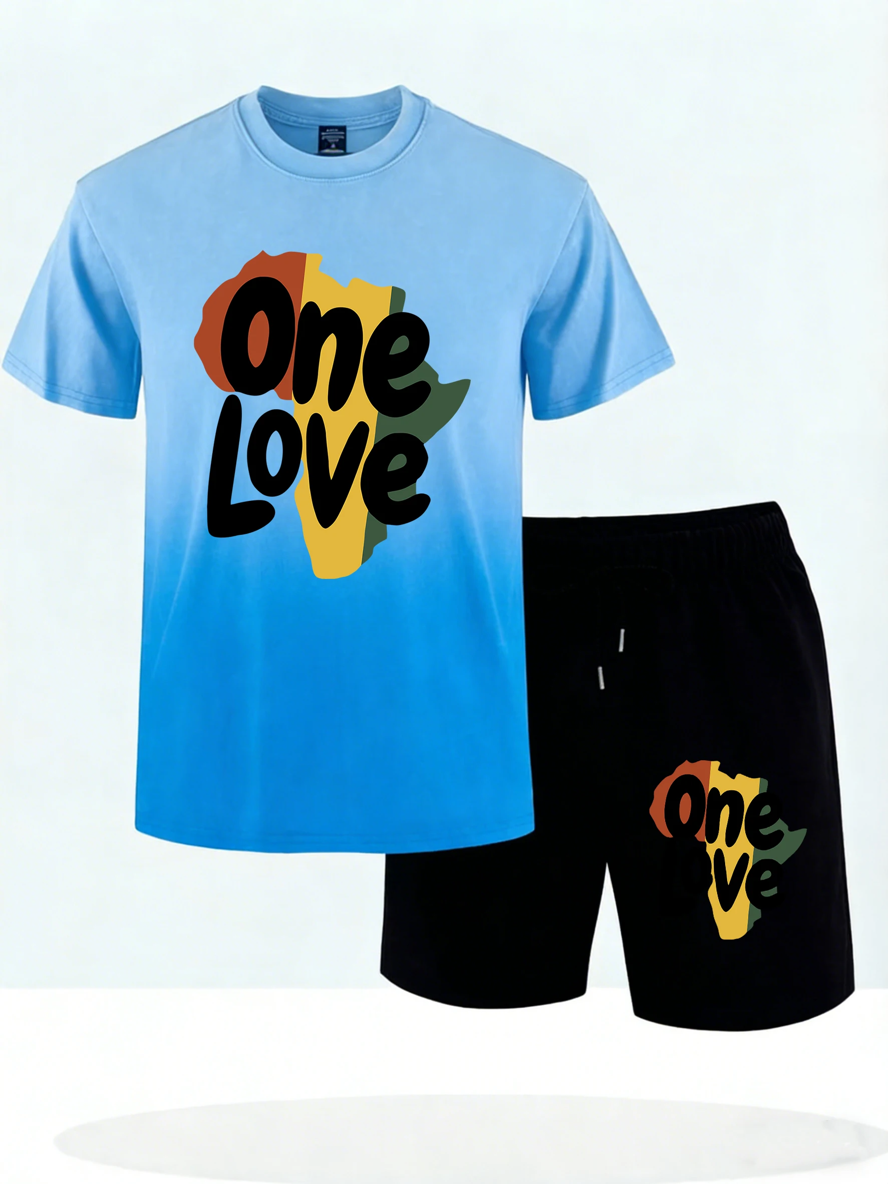 

One Love African Continent Prints Man Summer Casual Tie-Dye T Shirt Set Pocket Jogging Shorts Breathable Comfy Short Sleeve