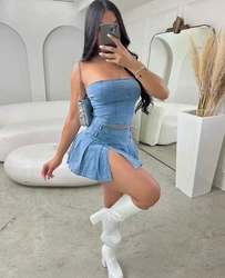 Sexy Summer Outfits Women 2024 Fashion Jean Dress with Skirt 2 Piece Sets Bustier Blue Denim Two Piece Outfit Split Skirt Set