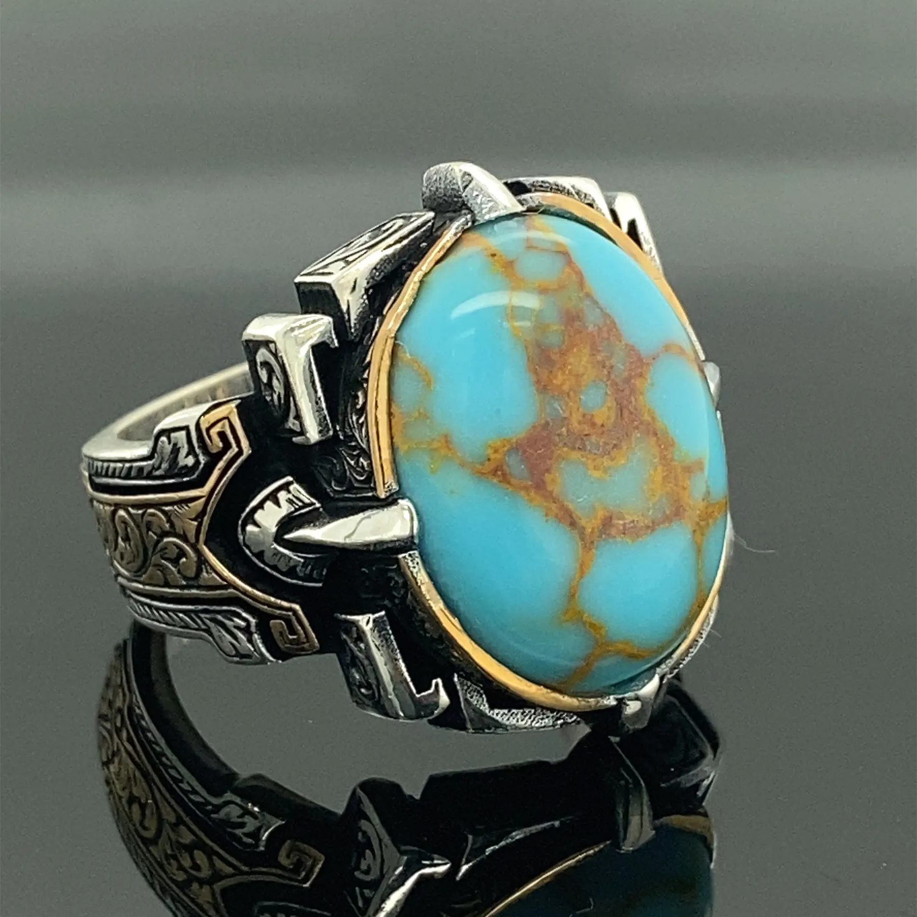 

Men Handmade Ring , Turquoise Stone , Turquoise Oval Gemstone Ring , Handcrafted Ottoman Men Ring