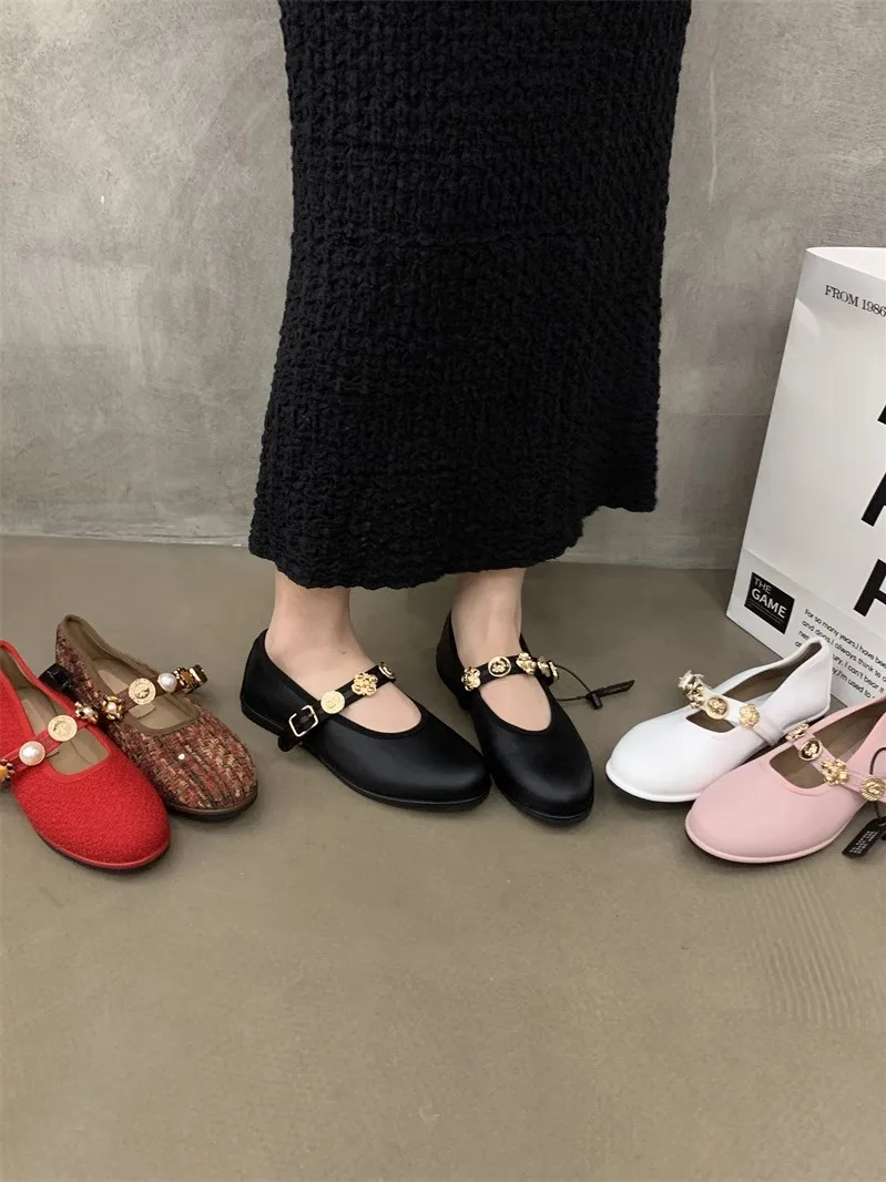 Women Shoes Autumn Female Moccasin Flats Pearl Decorateion Round Toe Fall Retro Summer Genuine Leather Grandma New Dress