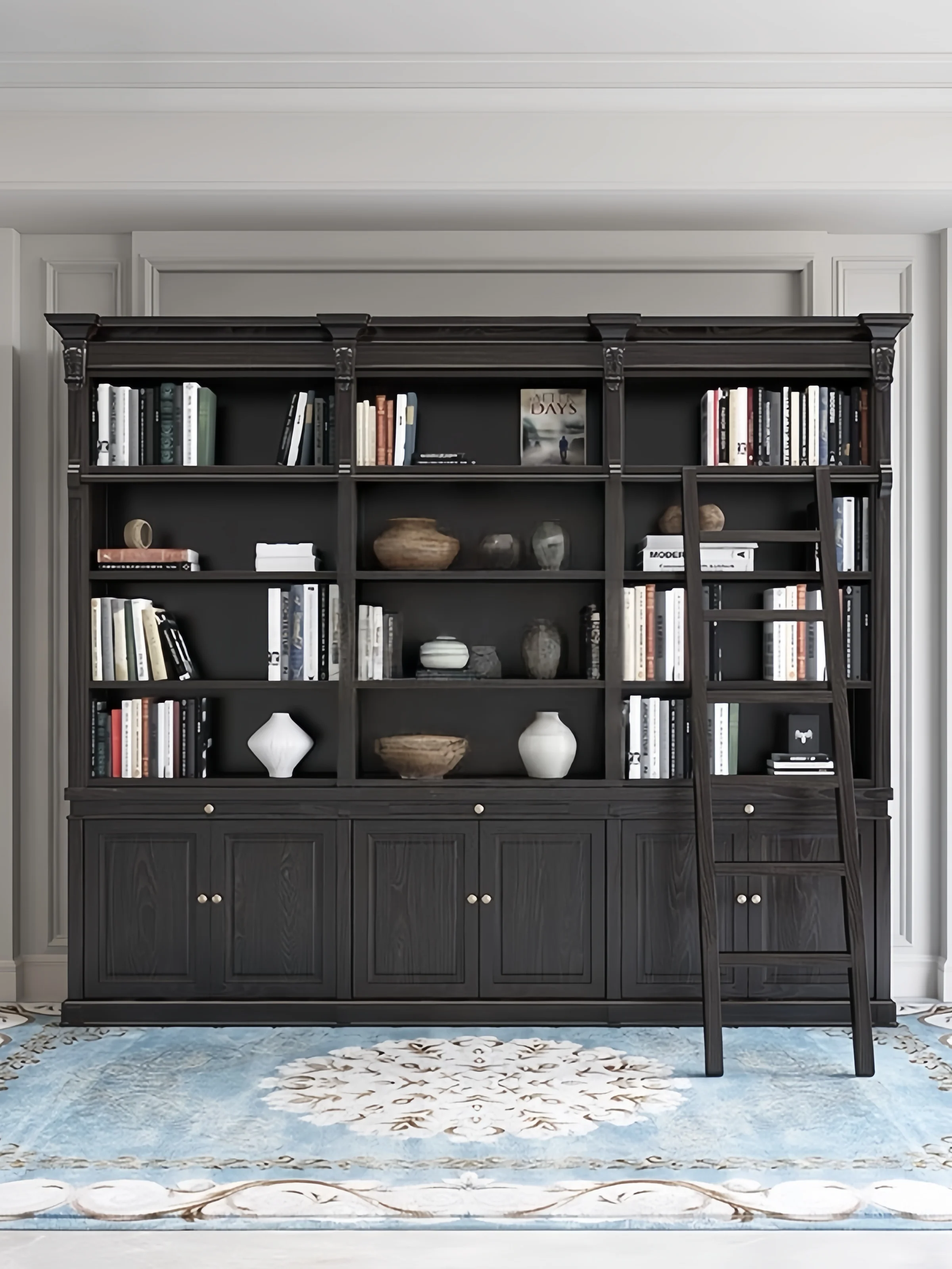 American, vintage, solid wood bookcase, French, living room, locker, household, foyer decorative cabinet, study, black bookshelf