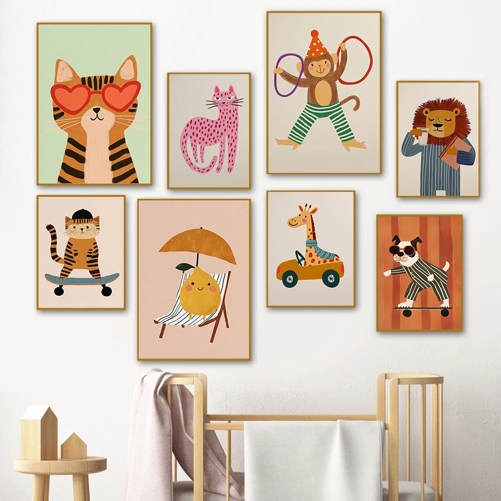 Circus Monkey Wall Art Birthday Party Decor Playful Kids Room Art Nursery Safari Animal Poster Lion Giraffe Dog Prints Pictures