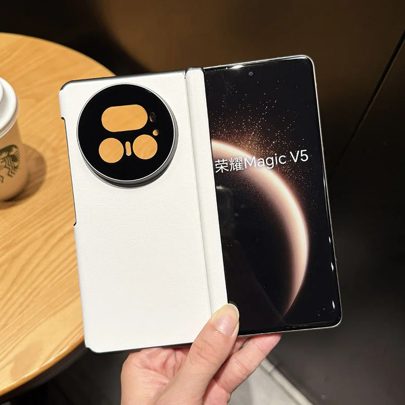 

Case for Honor Magic V5 Double axis Solid Color Plain Leather Pattern Hinge Shockproof Hard Mobile Phone Case Cover