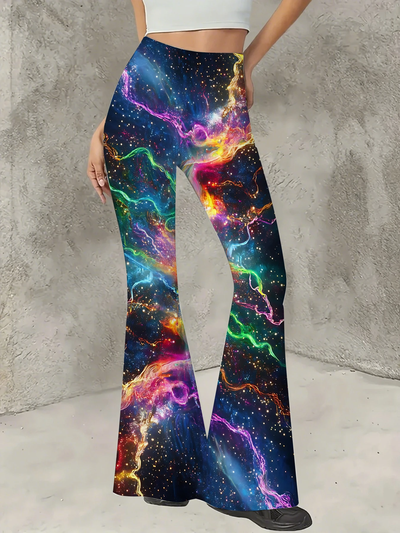 

Women's Striped Print Flare Pants Loose Fit Knit Wide Leg Bell Bottom Trousers