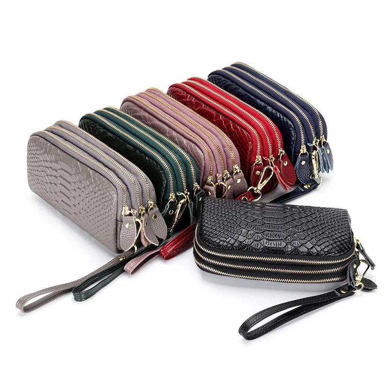 2025 حار بيع حقيبة صغيرة جلدية حقيقية للنساء سعة كبيرة 3 طبقة محفظة نمط التمساح حقيبة يد متعددة الوظائف