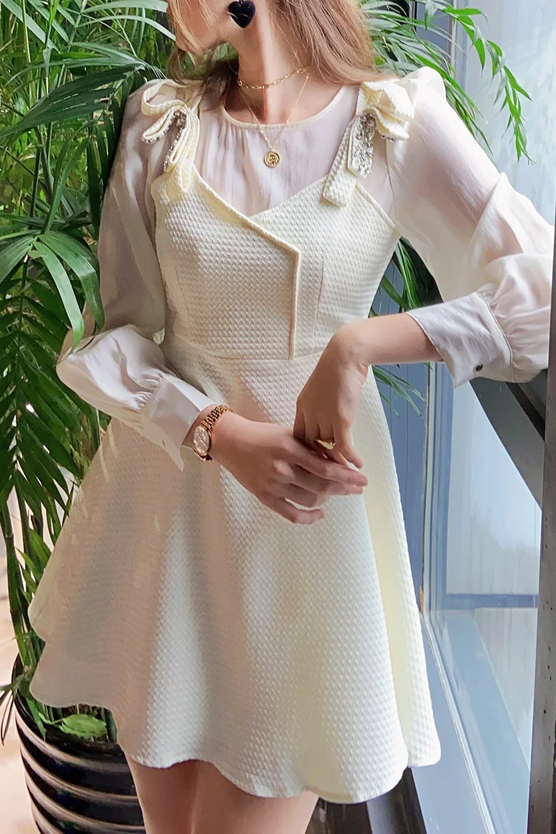 Dabuwawa Spring Summer Female Vintage Rivet High Waist A-Line Long Sleeve Slim Dress 2023 DO1CDR041