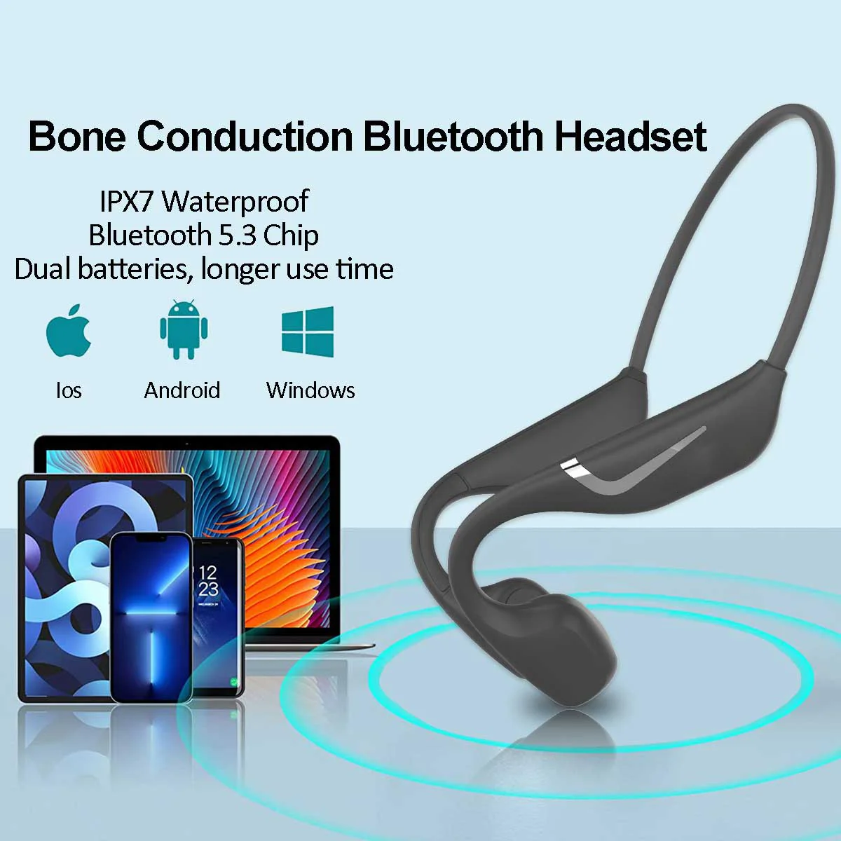 

Bone conduction Bluetooth headphones BT5.3with dual batteries offer ultra-long battery life for sports,night running and cycling