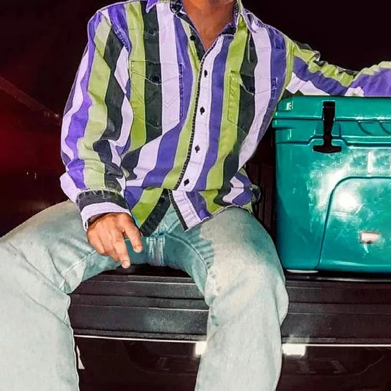 Men's Denim Culture Retro Trend Diamond Printed Long-sleeved Shirt Men's Business Casual 6XL Large Size Vacation Outside Shirt