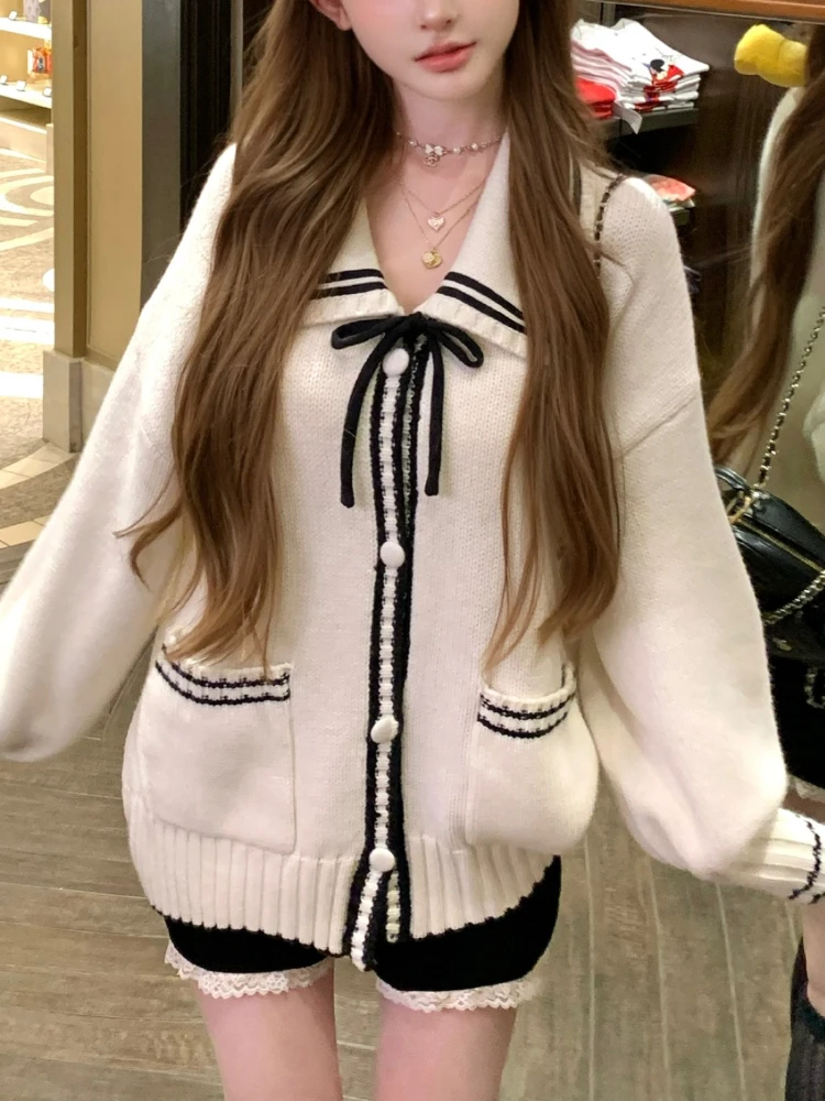 اليابانية Kawaii المتضخم التعادل طوق سترة المرأة الحلو محبوك الصوف سترة فضفاضة نمط Preppy جيوب الموضة معطف غير رسمي