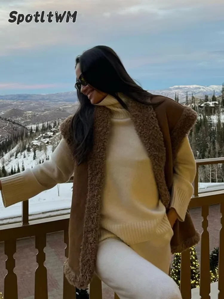 Chaleco grueso de retales de felpa para mujer, cárdigan sin mangas con cuello levantado, ropa de calle elegante, cálido, Otoño e Invierno