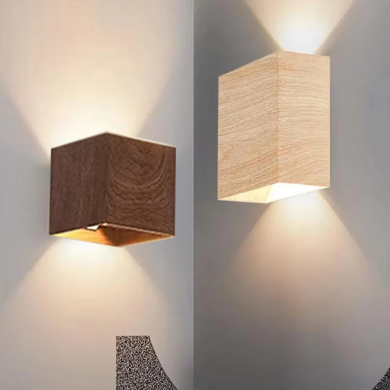 Nordic Wood Wall Lamp LED Original Wooden Walnut Square Room Decor Wall Sconce Bedroom Living Rooms Study Staircase Light Lustre