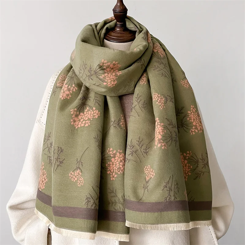 2024 Winter Cashmere Scarf Women Floral Print Pashmina Shawls Lady Wraps Thick Warm Bufanda Echarpe Blanket