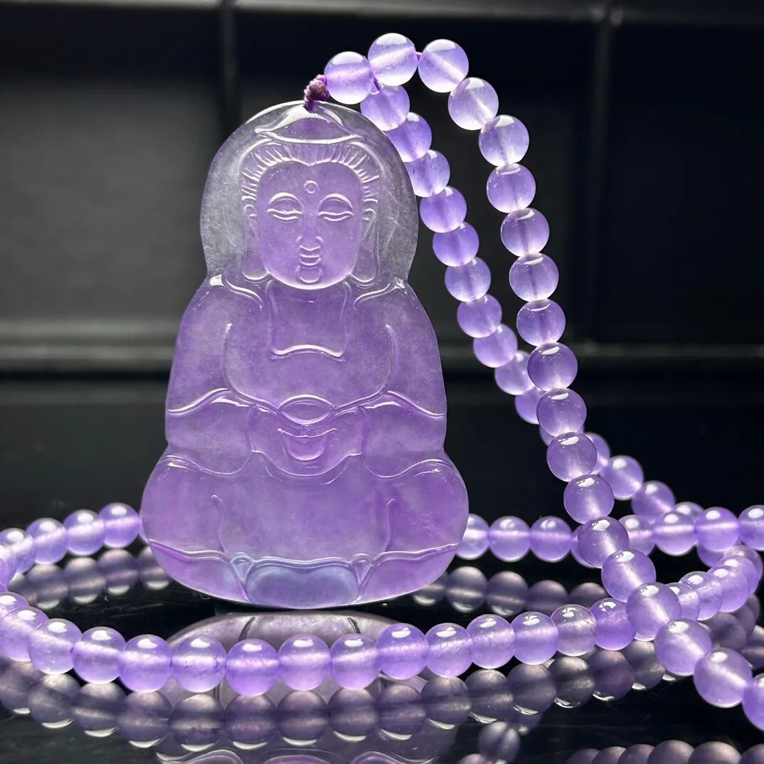 

Certified Nature Lavender jade Jadeite Carved Avalokitesvara Pendant&Necklace