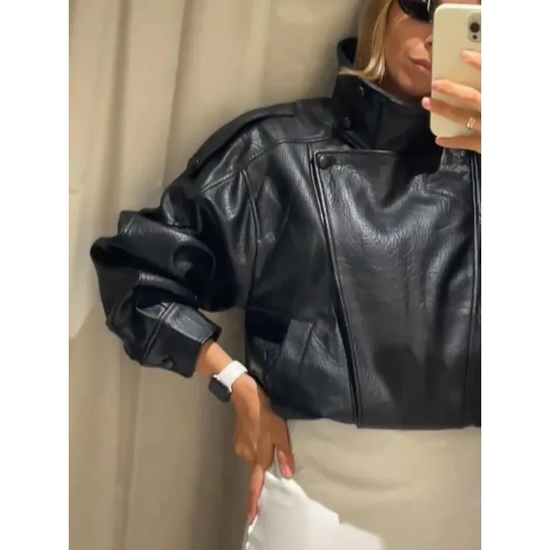 Jaqueta de Couro Feminina de Manga Longa com Gola Alta Estilo Europeu e Americano Edição 2026