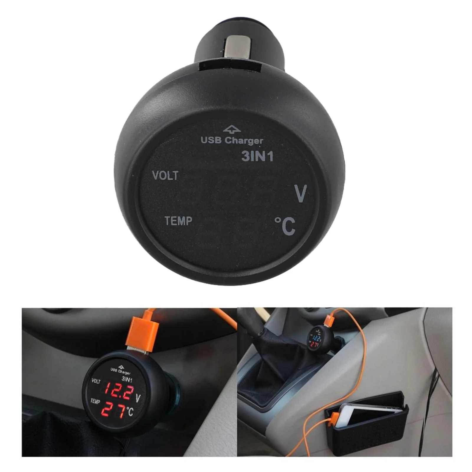 3 in 1 Digital Car Monitor with Voltage Reading Temperature Display and USB Power Output Designed for 12V and 24V Automotive Use