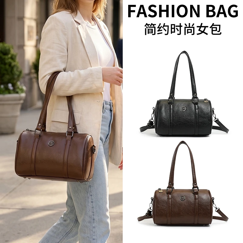 Vintage Brown Cylinder Shoulder Bag for Women, Retro PU Leather Boston Handbag, Woman Multi‑way Crossbody Bucket Bag