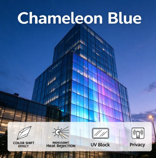 Chameleon Blue Window Tint Roll PET Material One Way Privacy Heat Rejection Anti Glare Solar Control For Household Automotive Wi