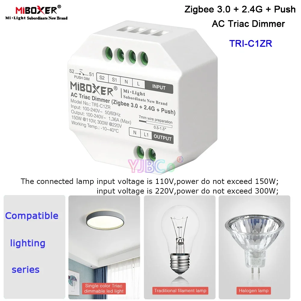 

Miboxer Zigbee 3.0 AC Triac Dimmer Controller Push switch 2.4G Remote control halogen lights triac dimmable LED lamps 110V 220V