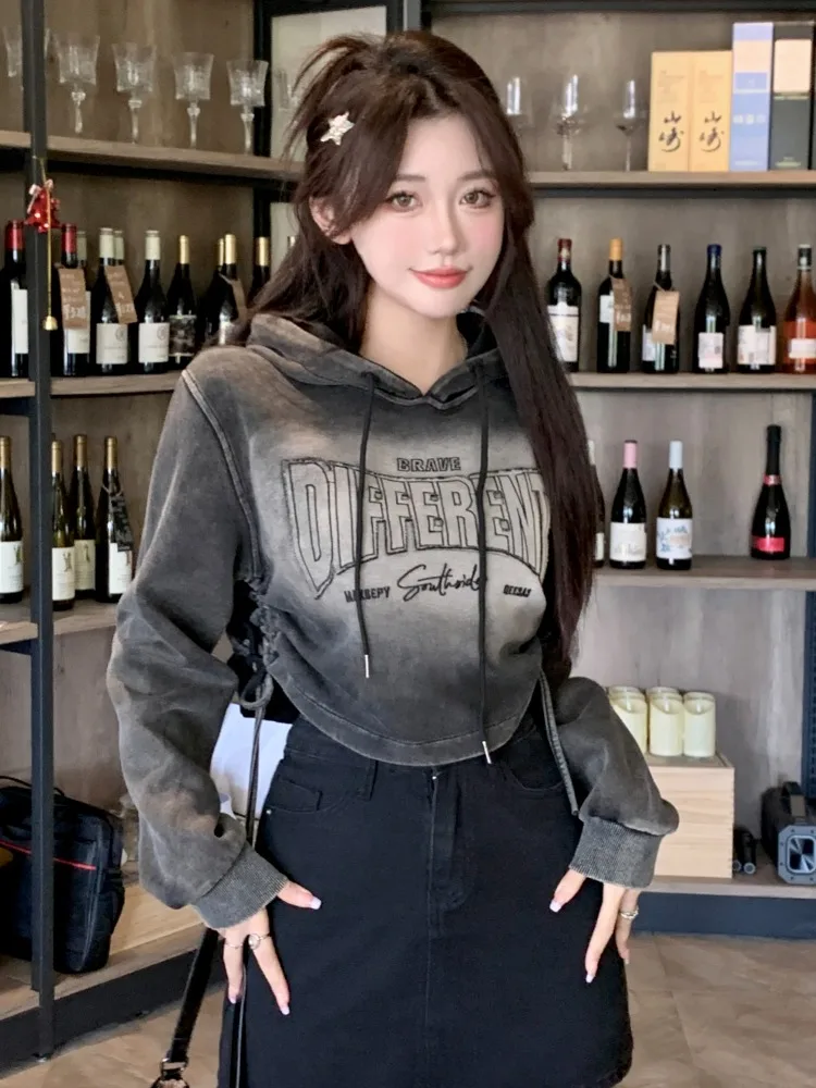

Retro Gradient Hoodie Women's Fashionable Printed Drawstring Top American Style Long Sleeve Short Length Pear Body Type