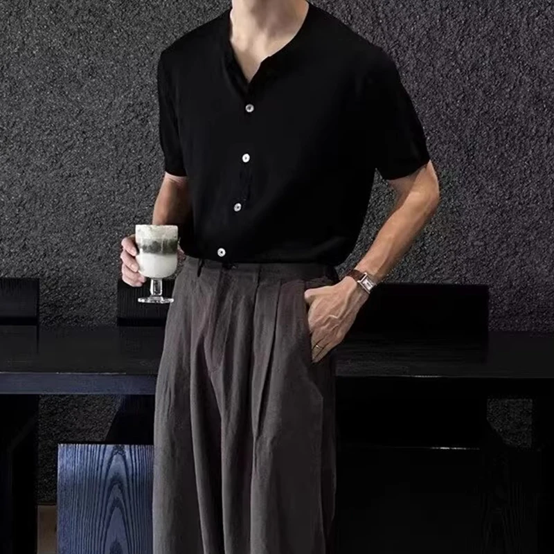 Casual Short Stretch Slim Knitted Shirts Men Spring Summer Fashion Solid Color Short Sleeve Cardigan Mens Vintage Knitting Shirt