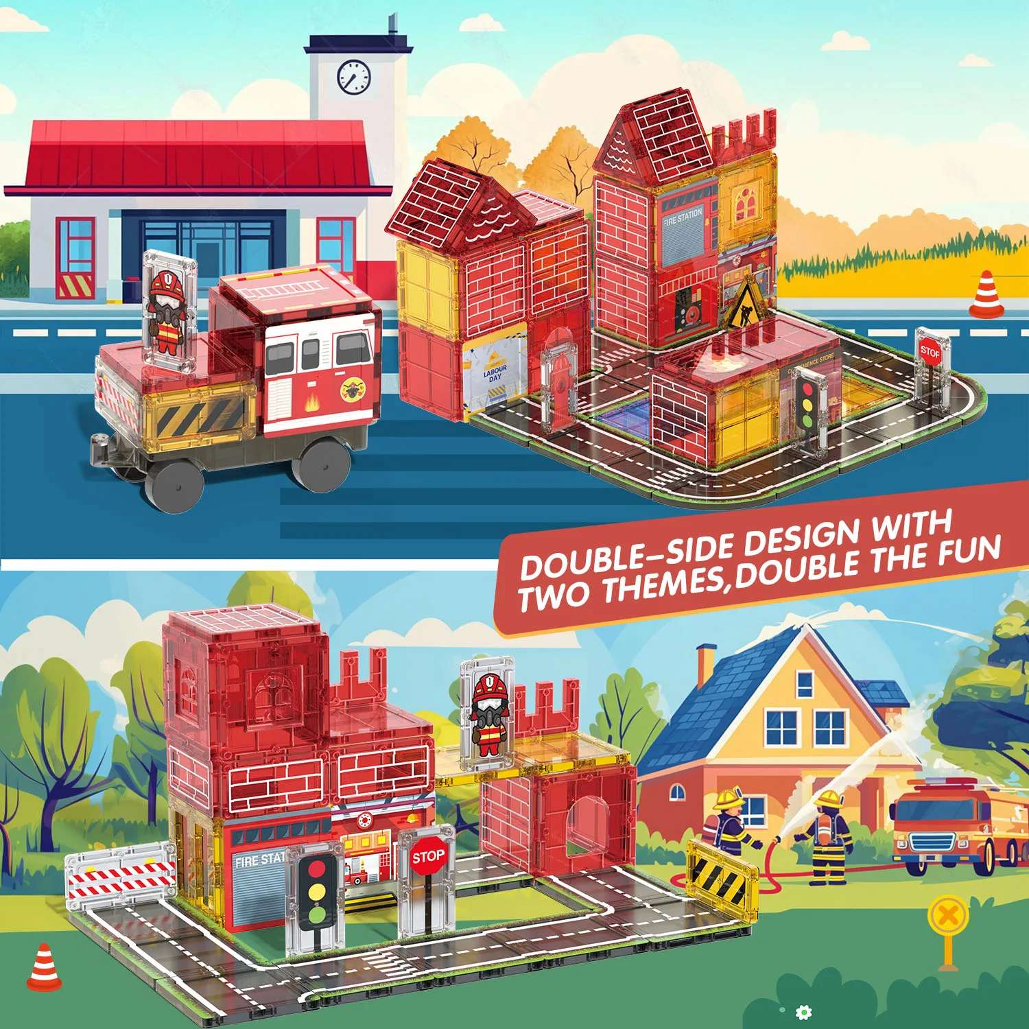 ชุดตัวต่อแม่เหล็กธีมความปลอดภัยด้านไฟฟ้าสำหรับเด็ก ชุดถนน ปั๊มน้ำมัน ฉากก่อสร้าง ของเล่นเด็ก ของขวัญวันเกิด