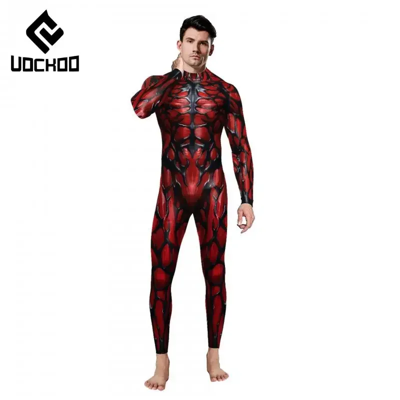 Superheld Cosplay Overall Schwarz Flüssigkeit Druck Body Karneval Party Zentai Anzug Comic Con Kostüm Rot Weiß Erwachsene Outfit