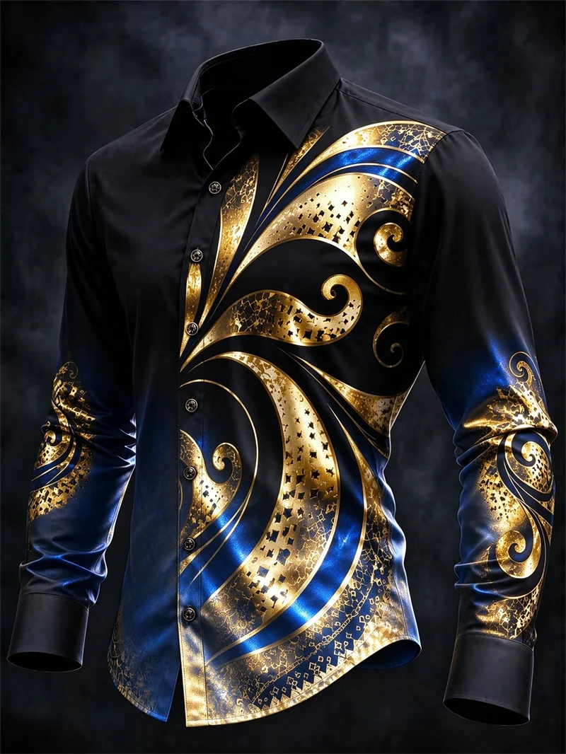New men's black and red gradient long sleeved shirt with gold Baroque whirlpool grass crack print lapel shirt