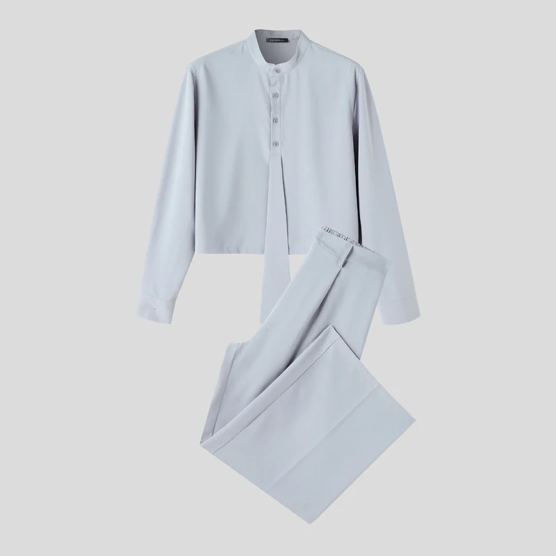 Men's Sets Solid Color Stand Collar Long Sleeve Shirt Pants Two Piece Sets Streetwear Loose Fashion Men Matching Sets INCERUN