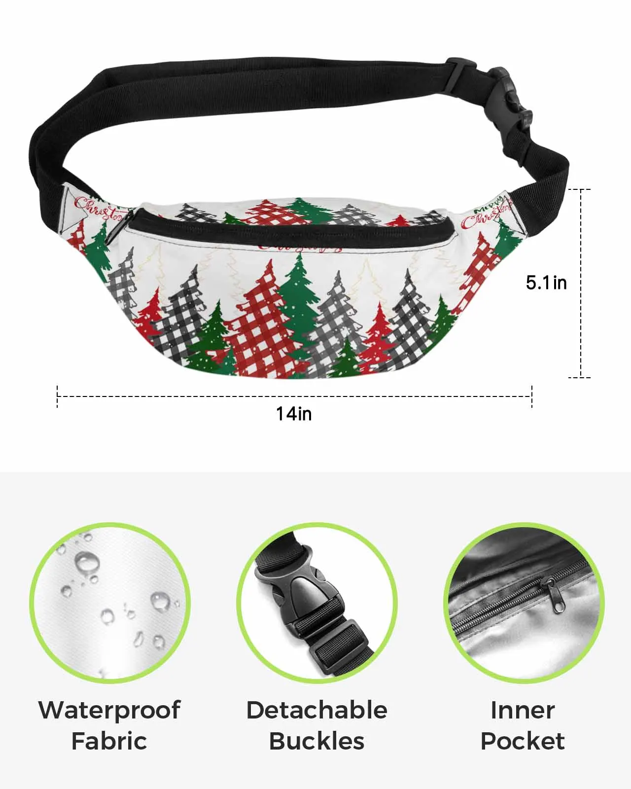 Christmas Tree Snowflake Grid  Men Women Waist Bag Fanny Pack Phone Belt Bag Wallet Pouch Waterproof Banana Hip Bags