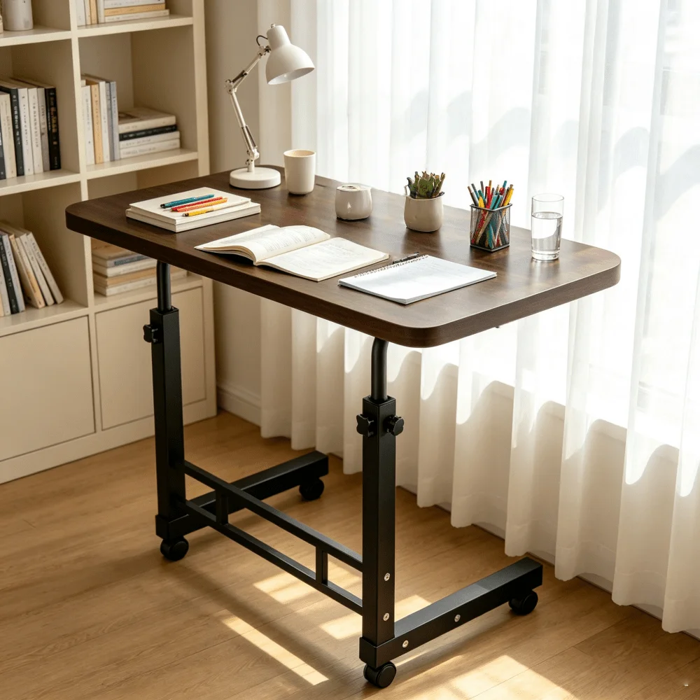 Mobile Office Desk, Convenient Small Computer Desk, Wheeled Learning Desk, Mobile Desk With Adjustable Height, Standing And Lifting Desk, Multifunctional, Suitable For Bedside, Sofa, Study, Handmade - Black/White For Home Office