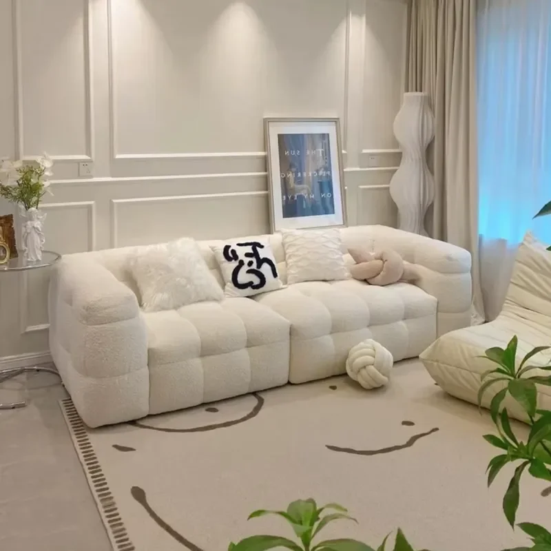 Italian Minimalist Villa Living Room Tufted Wood Lamb Plush Cloud-shaped Sofa Designer White Teddy Cotton Candy Sofa