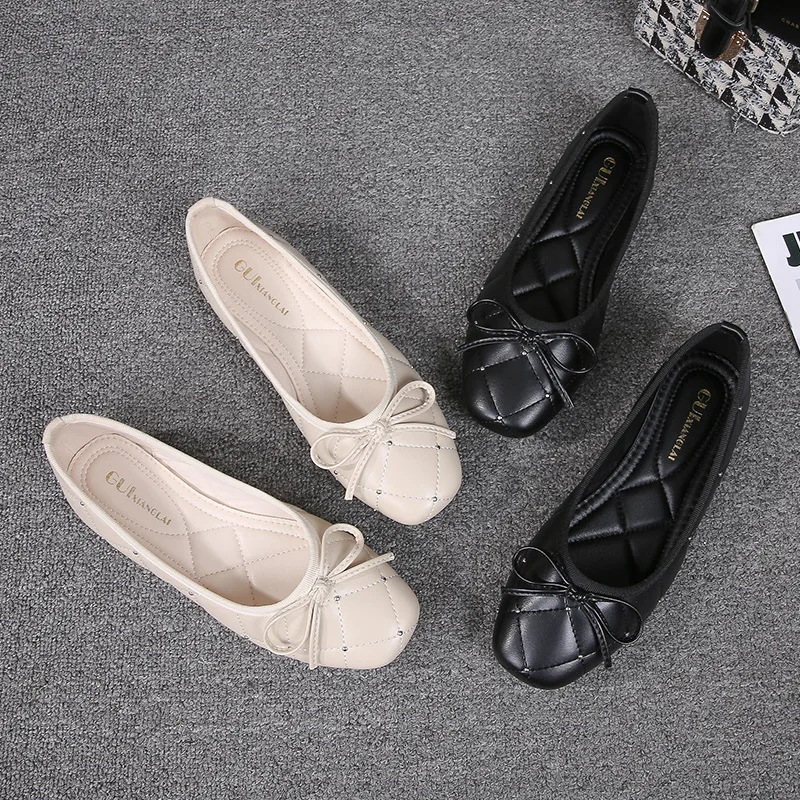 Doudou shoes women 2024 new fashion rivets black flat single shoes women soft sole square head large size small fragrant wind sh