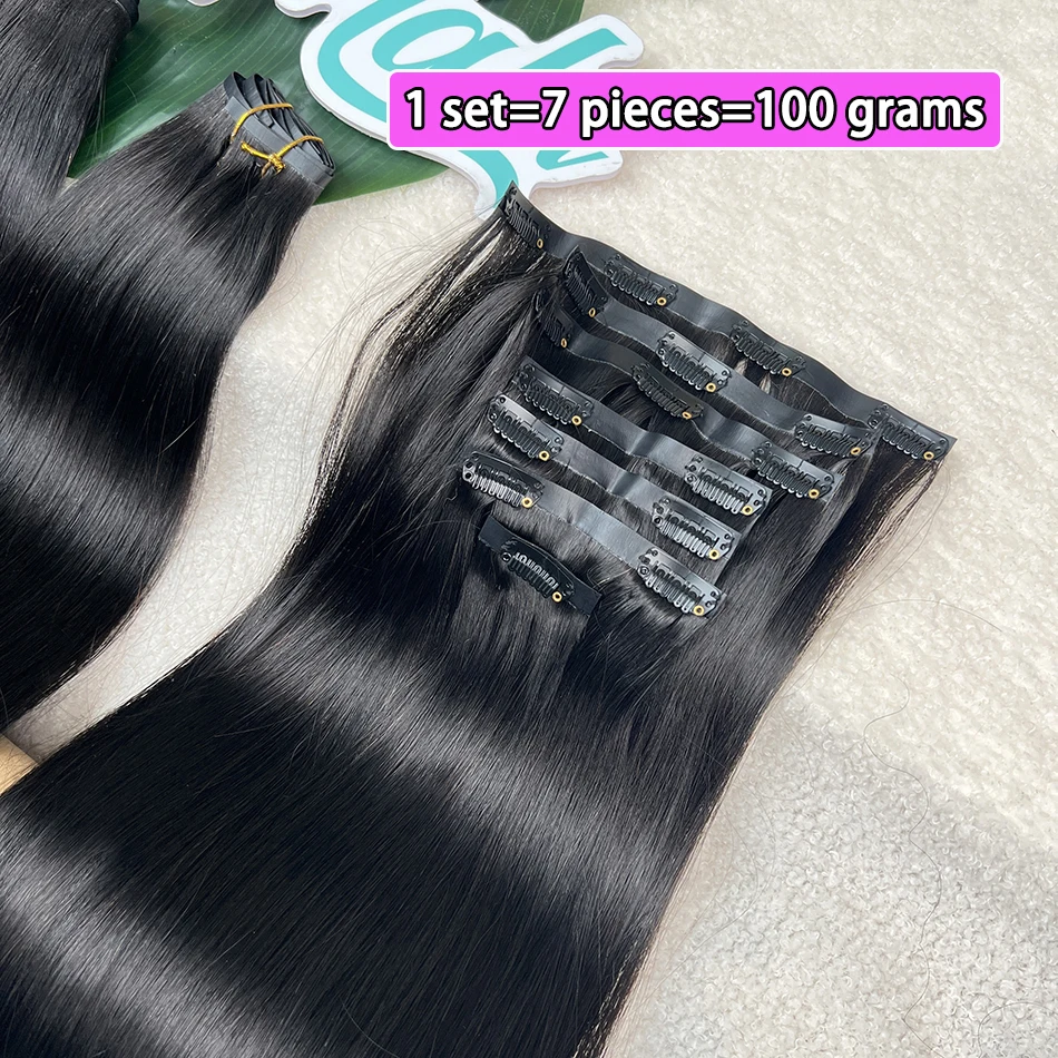 Double Drawn Straight Clip Ins Human Hair Extensions #1B Natural Black Color 100grams 7Pcs/Set Seamless PU Weft Clips in Hair